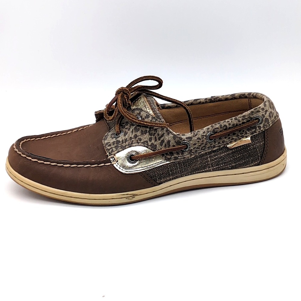 Sperry Loafer Womens Brown 8.5 Leather Boat Shoes Leopard Print Comfort STS96687